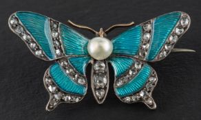A Victorian, rose-cut diamond, pearl and blue enamel butterfly brooch,