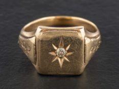 A round, brilliant-cut diamond, signet ring, estimated diamond weight ca. 0.