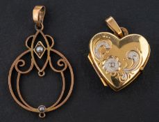 Two pendants, including a 9ct gold, bi-colour, heart-shaped locket with import marks for Birmingham,