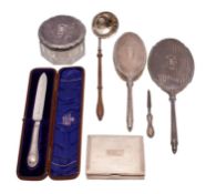 A mixed collection of silver wares, various makers and dates, includes hand mirror, hair brush,