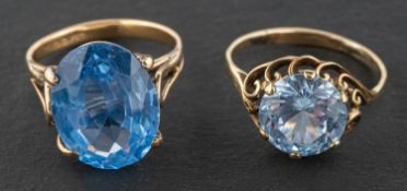 Two synthetic blue spinel rings, including a 9ct gold ring with indistinct hallmarks,