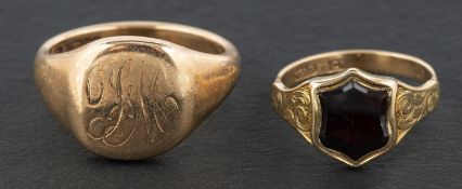 Two signet rings, including a 9ct gold signet ring with indistinct engraved initials,