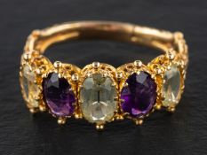 A Victorian, chrysoberyl and amethyst ring five-stone, total estimated chrysoberyl weight ca. 1.