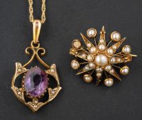 A seed pearl, star burst brooch and an amethyst and seed pearl openwork pendant,