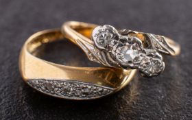 Two single-cut diamond, three-stone rings, including a three-stone ring of cross-over design,