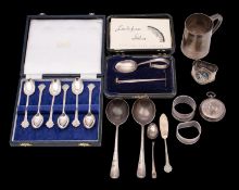 A mixed collection of assorted silverwares, various makers and dates includes a christening mug,