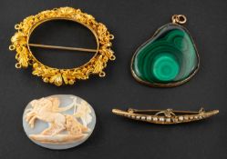 A pendant and two brooches, including an old-cut diamond and seed pearl crescent brooch, length ca.