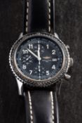 Brietling, a stainless-steel gentlemans chronograph wristwatch the black dial with three sub-dials,