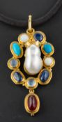 A baroque-shaped cultured pearl pendant designed as a mouse,