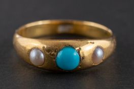 A turquoise and pearl, three-stone ring, stamped '18CT', length of ring head ca. 1.