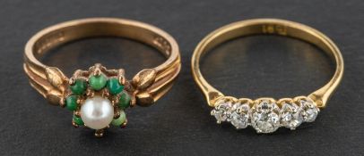 Two gemset rings, including an old and single-cut diamond five-stone ring,