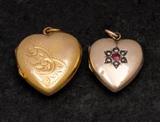 Two heart-shaped locket pendants, including one with engraved floral decoration, stamped '9CT',