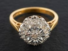 An 18ct gold, round, brilliant and single-cut diamond cluster ring,