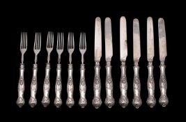 A matched set of six silver fruit knives and six forks, maker Aaron Hadfield, Sheffield,