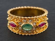 An emerald, ruby and single-cut diamond ring, estimated emerald weight ca. 0.