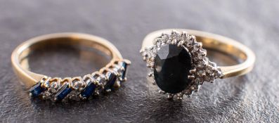 Two 9ct gold, sapphire and diamond rings, including a cluster ring, estimated sapphire weight ca. 1.