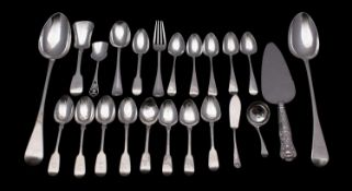 A collection of silver flatwares, various patterns, makers and dates initialled or crested,