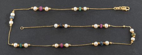 A cultured pearl and vari-coloured gemstone bead necklace, diameter of cultured pearls ca. 4-4.