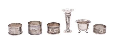 A mixed lot of silver, various makers and dates, includes four various napkin rings,