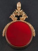 A 9ct gold, bloodstone and carnelian swivel fob, with hallmarks for Birmingham, total length ca. 4.