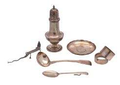 A mixed collection of silverwares, various makers and dates includes;-sugar caster, napkin rings,