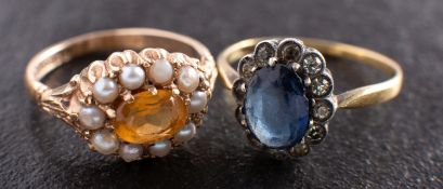 Two cluster rings, including a 9ct gold, citrine and seed pearl cluster ring,