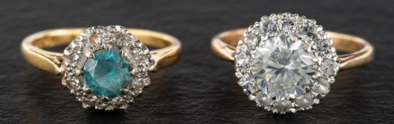 Two gemset cluster rings, including an 18ct gold blue zircon and single-cut diamond ring,