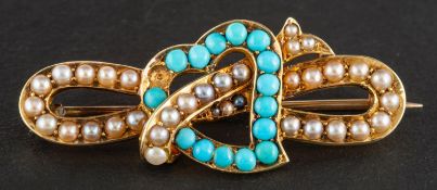 A Victorian, openwork seed pearl and turquoise 'Witch's Heart' brooch,