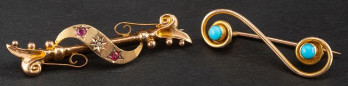 Two gemset bar brooches, including a 9ct gold, ruby and diamond set brooch,