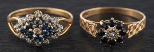 Two 9ct gold sapphire and diamond cluster rings, including one with hallmarks for London,