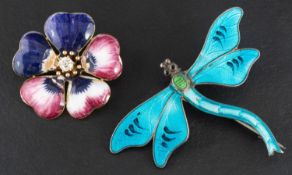 Two enamel brooches, including an Art Nouveau, silver, blue and green enamel dragonfly brooch,