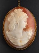 A 9ct gold, carved shell cameo brooch, depicting the bus of a lady in profile,