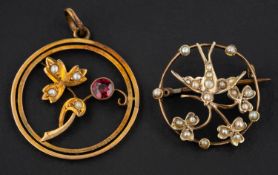 A seed pearl openwork circular brooch and pendant,