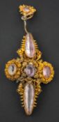 A 19th century, foil backed topaz and quartz pendant, with cannetille decoration, length ca. 5.