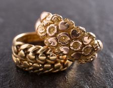 Two Edwardian, patterned, gold rings, including an 18ct gold ring of wheatsheaf design,