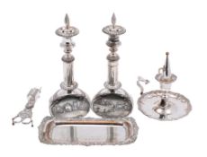 A pair of plated telescopic candlesticks, a plated chamberstick with snuffer,