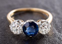 A sapphire and old-cut diamond, three-stone ring, estimated sapphire weight ca.