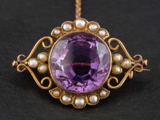 An amethyst and seed pearl brooch, estimated weight of amethyst ca.