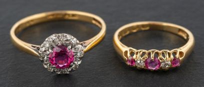 Two 18ct gold, diamond and ruby rings, including a ruby and single-cut diamond cluster ring,