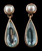 A pair of cultured pearl and pear-shaped aquamarine drop earrings,