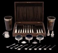 A small group of silver wares, various makers and dates includes cauldron salts, pepperette,