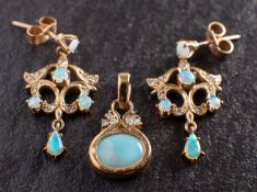 A 9ct gold, opal and diamond pendant and pair of opal and diamond openwork drop earrings,