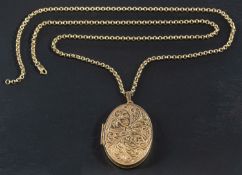 A 9ct gold, oval locket pendant with floral decoration, together with a belcher-link chain,