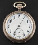 A silver keyless pocket watch the white dial with stylised Arabic numerals,