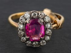 A cushion-cut pink sapphire and single-cut diamond cluster ring, estimated pink sapphire weight ca.