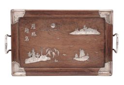 A Chinese hardwood and silver mounted tray of rectangular outline,