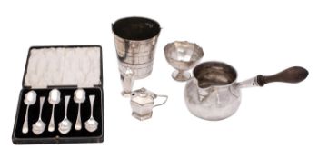 A silver brandy warmer, bears no marks with turned wood handle, (repaired and patched),