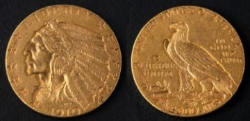 A US five dollar coin, dated 1910, diameter ca. 21mm, total weight ca. 8.3gms.