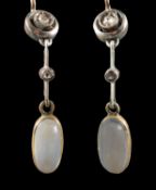 A pair of oval, cabochon-cut moonstone and rose-cut diamond drop earrings, with Russian fastenings,