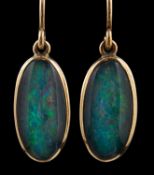 A pair of black opal triplet drop earrings, with hook fittings, total length ca. 3.